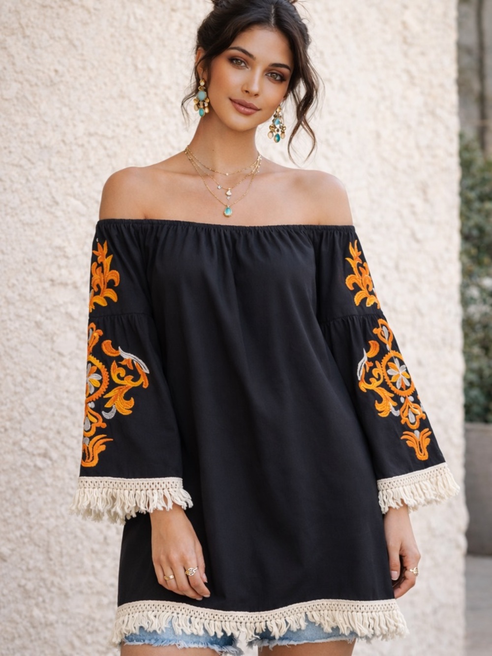 Vezera Boho Embroidered Tunic Top S Black Orange Fringe Off Shoulder Cotton A11